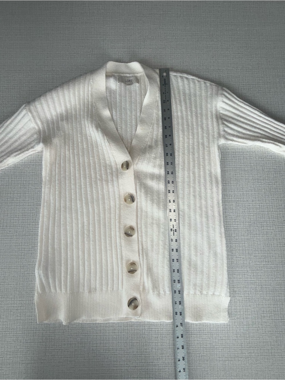 Loft Classic Ivory Ribbed Button-Front Sweater Cardigan - Picture 3 of 6